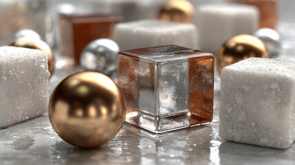 Glass and metal cubes and spheres in an abstract 3D geometric composition, highlighting minimalism, modern design, and futuristic digital aesthetics