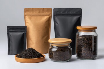 Assortment of dried tea leaves in various packaging including pouches and glass jars