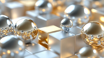 Glass and metal cubes and spheres in an abstract 3D geometric composition, highlighting minimalism, modern design, and futuristic digital aesthetics