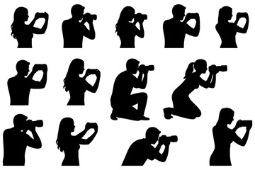 Silhouettes of diverse photographers capturing moments in various poses.