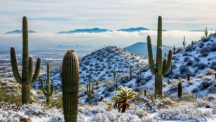 Serene winter morning in the snowy desert landscape with cacti