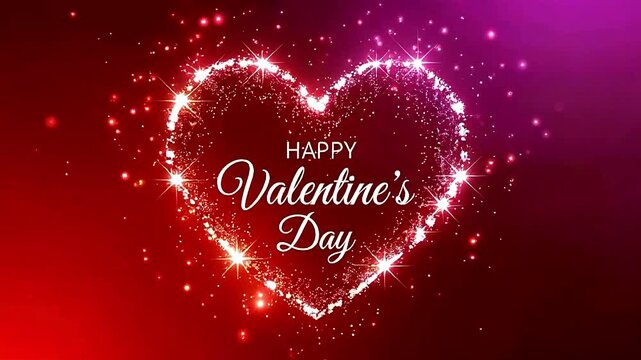 Happy Valentine&rsquo;s Day animation with sparkling glowing heart, elegant white script and festive romantic background
