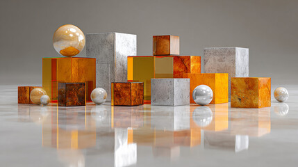 Glass and metal cubes and spheres in an abstract 3D geometric composition, highlighting minimalism, modern design, and futuristic digital aesthetics