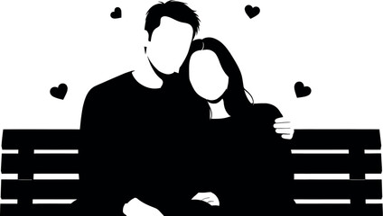 Black silhouette of a couple sitting on a bench with hearts around them