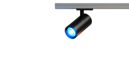 Modern led track spotlight with blue light isolated on white background