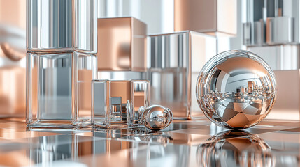 Glass and metal cubes and spheres in an abstract 3D geometric composition, highlighting minimalism, modern design, and futuristic digital aesthetics