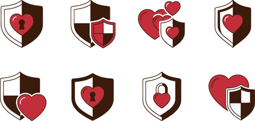 Collection of shield and heart icons in various black, white, and red color combinations