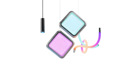 Modern lighting design with square pendants and a cylindrical lamp isolated on white background