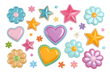 A colorful collection of cute heart, star, and flower shapes with a glossy finish isolated on transparent background