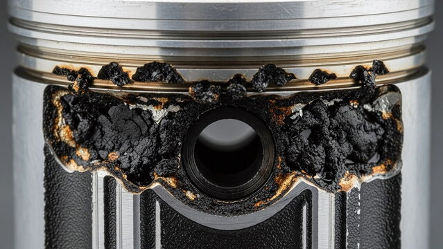 Heavy carbon deposits and oil sludge buildup on an engine piston