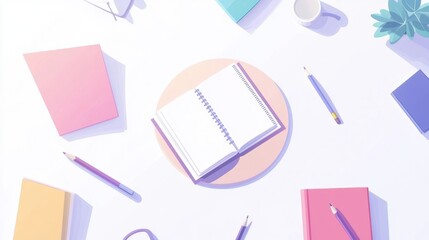 Colorful office supplies and notebooks on white desk