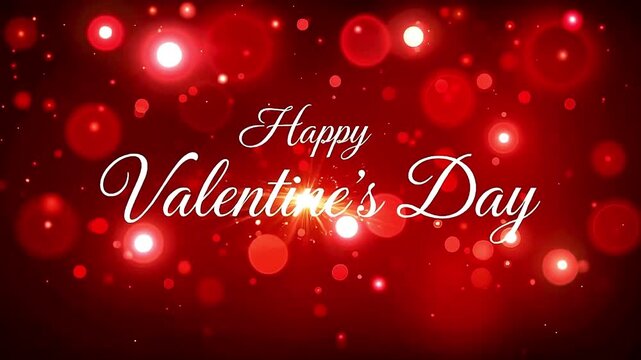 Happy Valentine&rsquo;s Day animation with glowing white cursive text, sparkling red bokeh background and festive celebration
