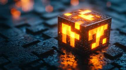 Glowing cube emitting vibrant light in a dark environment, symbolizing futuristic technology, digital innovation, and modern abstract visuals