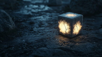 Glowing cube emitting vibrant light in a dark environment, symbolizing futuristic technology, digital innovation, and modern abstract visuals