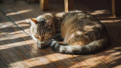 Close-up of sleeping tabby cat in warm light. Cozy pet rest concept.