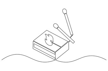 Continuous one line drawing of Matches in box with slow burn. Single line drawing illustration of Half-open matchbox with a stack of matches. Fire starter concept vector art. Doodle line illustration.