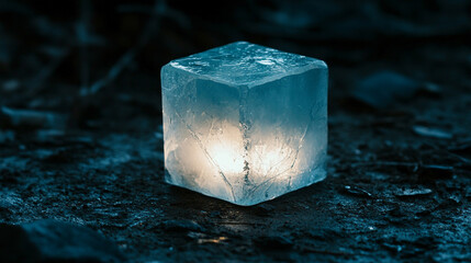 Glowing cube emitting vibrant light in a dark environment, symbolizing futuristic technology, digital innovation, and modern abstract visuals