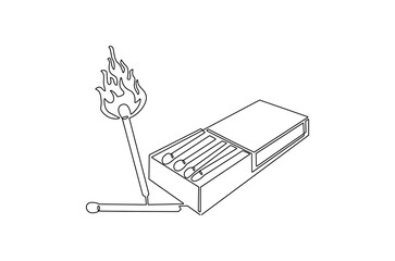 Continuous one line drawing of Matches in box with slow burn. Single line drawing illustration of Half-open matchbox with a stack of matches. Fire starter concept vector art. Doodle line illustration.