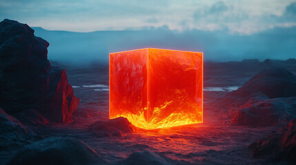 Glowing cube emitting vibrant light in a dark environment, symbolizing futuristic technology, digital innovation, and modern abstract visuals