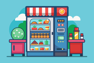 Vector flat illustration of a vending machine filled with food items. Ideal for snack, convenience, and retail-themed designs.