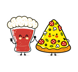 Cute beer glass and pizza slice holding hands