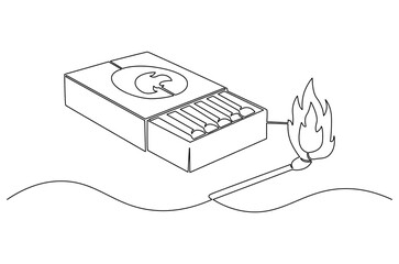 Continuous one line drawing of Matches in box with slow burn. Single line drawing illustration of Half-open matchbox with a stack of matches. Fire starter concept vector art. Doodle line illustration.