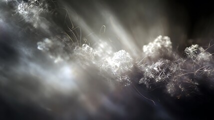 Ethereal note clusters dissolving in air, soft focus, dreamy atmosphere, abstract background, floating particles, light beams, serene ambiance, music concept, floating
