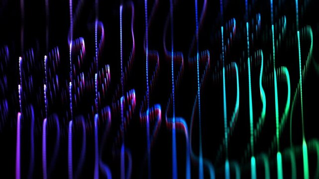 Colorful digital wave with flowing particles and smooth motion. Abstract concept of sound waves, artificial intelligence and big data stream. Digital soundwave equalizer on black background, looped 4K