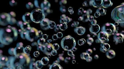 Transparent soap bubbles floating in air against a dark background with colorful reflections and shadows