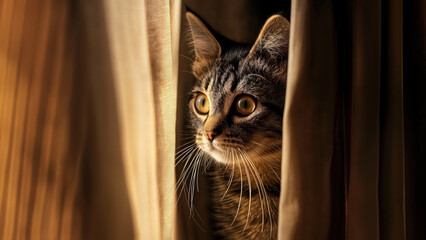 Tabby cat framed by curtain in warm sunlight. Cozy home concept.
