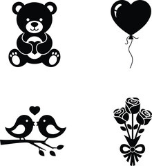 Obraz premium Set of beautiful romantic black silhouette icons featuring a cute teddy bear holding a heart heart balloon love birds on a branch and a rose bouquet for valentine.