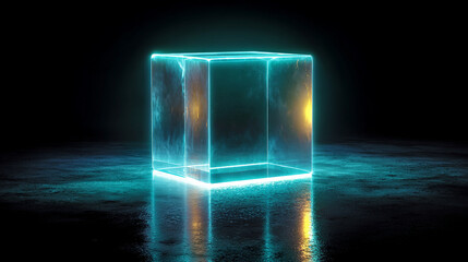 Glowing cube emitting vibrant light in a dark environment, symbolizing futuristic technology, digital innovation, and modern abstract visuals