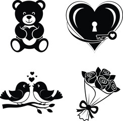 Fototapeta premium Set of romantic black silhouette icons featuring a cute teddy bear holding a heart a heart shaped lock with key love birds on a branch and a rose flower bouquet.