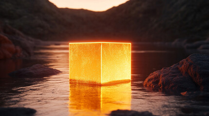Glowing cube emitting vibrant light in a dark environment, symbolizing futuristic technology, digital innovation, and modern abstract visuals