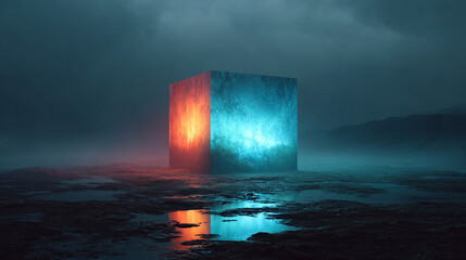 Glowing cube emitting vibrant light in a dark environment, symbolizing futuristic technology, digital innovation, and modern abstract visuals