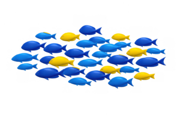 School of yellow and blue fish swimming together, a concept for community, teamwork, and leadership among unique individuals