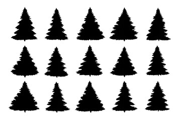 Obraz premium Coniferous tree silhouettes set with various evergreen spruce and pine shapes, transparent background