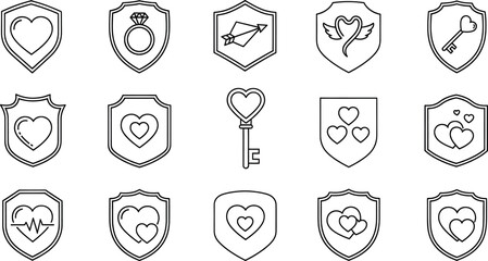 Collection of various heart and love icons in shield shapes