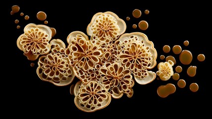 Warm floating pancake clusters on black background, golden brown color, detailed texture, abstract food concept, culinary art, sweet treats, isolated dessert elements