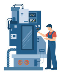 Industrial technicians diagnosing and servicing a CNC machine in a factory. Concept of industrial maintenance, automation and technical support.