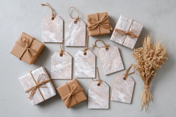 Collection of beautifully wrapped gifts and blank gift tags with dried wheat stalks on a light textured background
