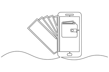 Continuous one line drawing of Sending and receiving payment with a smartphone. Single line drawing illustration of Electronic wallet. Financial savings concept vector art. Doodle line illustration.