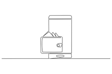 Continuous one line drawing of Sending and receiving payment with a smartphone. Single line drawing illustration of Electronic wallet. Financial savings concept vector art. Doodle line illustration.