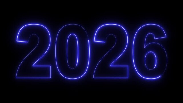 New year 2026 text icon animation glowing neon color number anniversary template banner sign signboard holiday code digit rectangle box font letter word on black background
