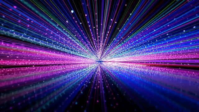 Vibrant streaks of pink, purple, and blue light converge towards a distant point