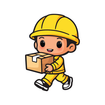 Cute Factory Worker Carrying Cardboard Box Manual Handling Vector Illustration