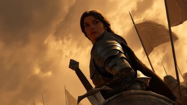 A woman in shining armor stands confidently beside a large, alert wolf in a forest setting.