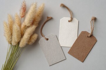 Three textured gift tags with twine hang from a neutral background next to dried grass