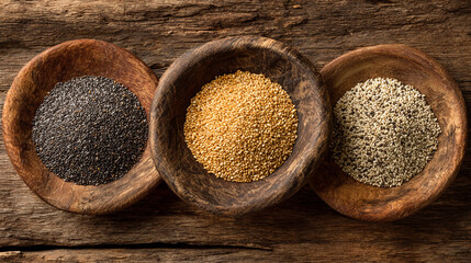 Gold, chia, and white sesame seeds in wooden bowls, highlighting natural textures, vibrant colors, and nutritional value for healthy eating and culinary visuals