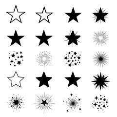 Obraz premium Collection of black and white star icons. Includes outlines, solid forms, sparkling effects, and dynamic bursts. Great for graphic design, ratings, awards, and decoration